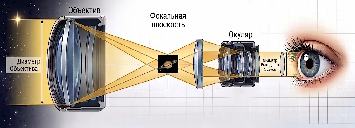 Инфографика, показывающая ход лучей в телескопе, диаметр объектива и диаметр выходного зрачка