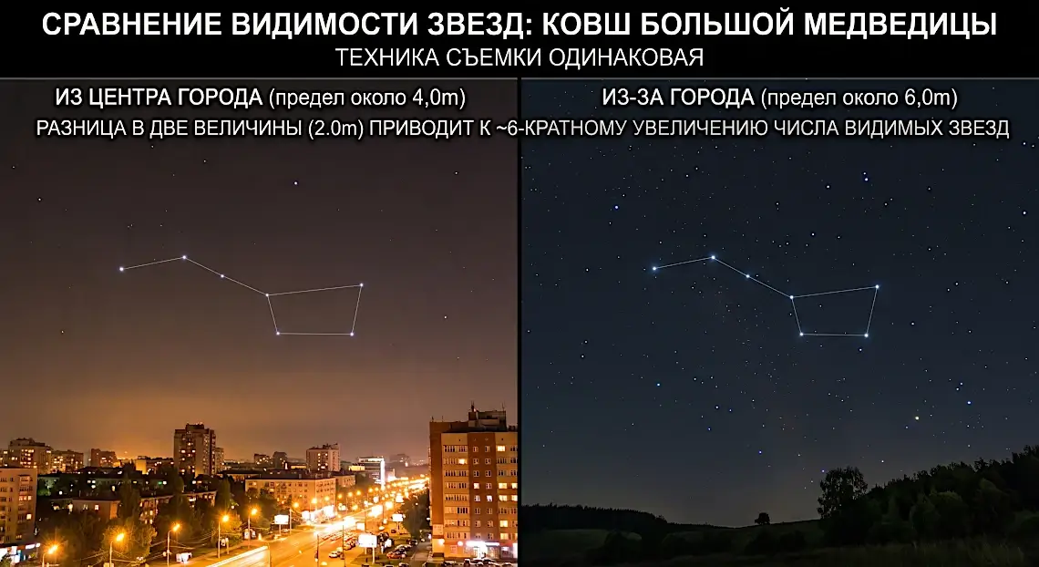 Один и тот же участок неба в городе и за городом: разница в предельной звездной величине