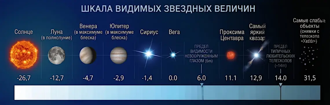 Шкала звездных величин: от Солнца до самых слабых