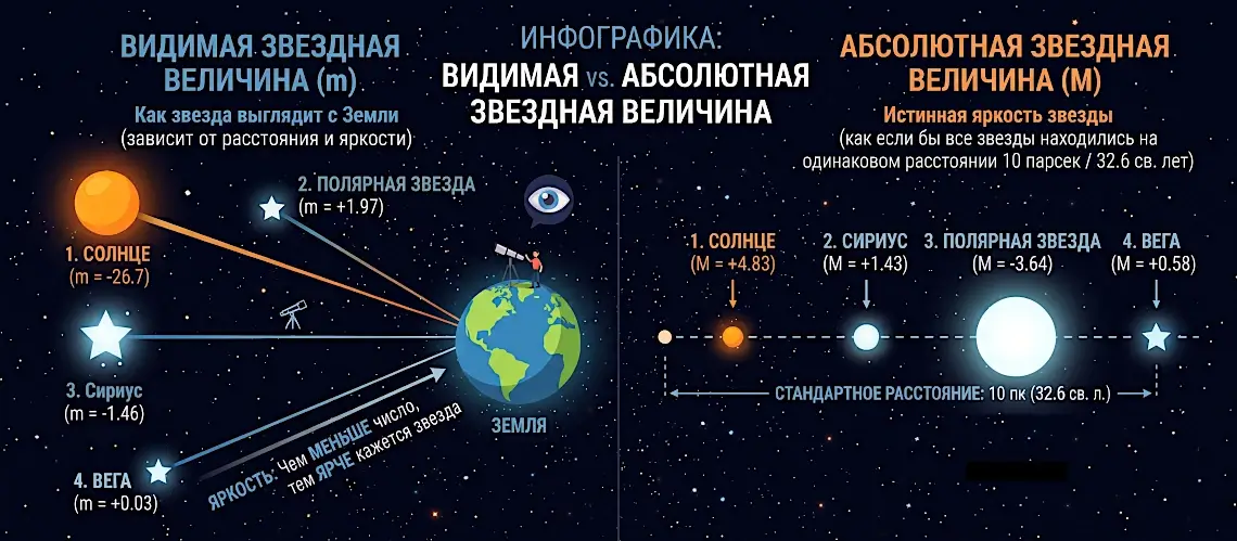 Инфографика: видимая звездная величина против абсолютной звездной величины