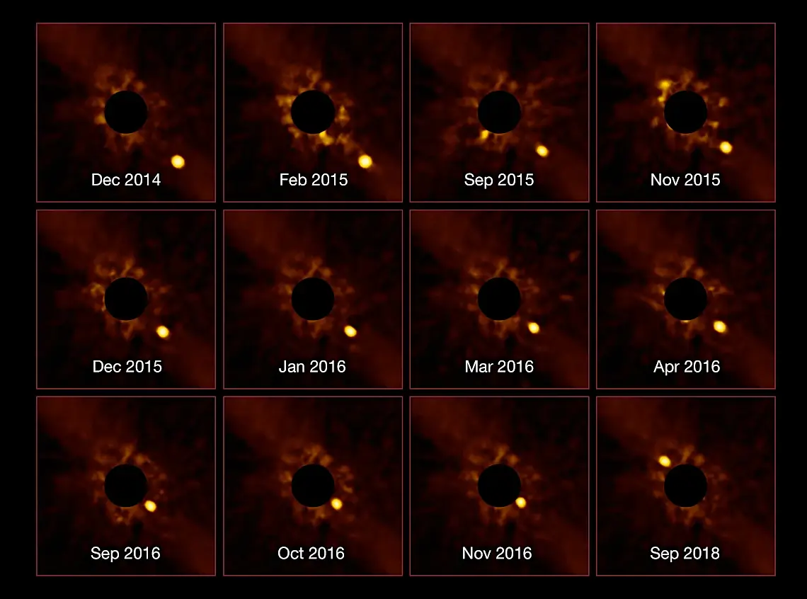 Движение планеты Бета Живописца b вокруг своей звезды на снимках VLT с 2014 по 2018 год
