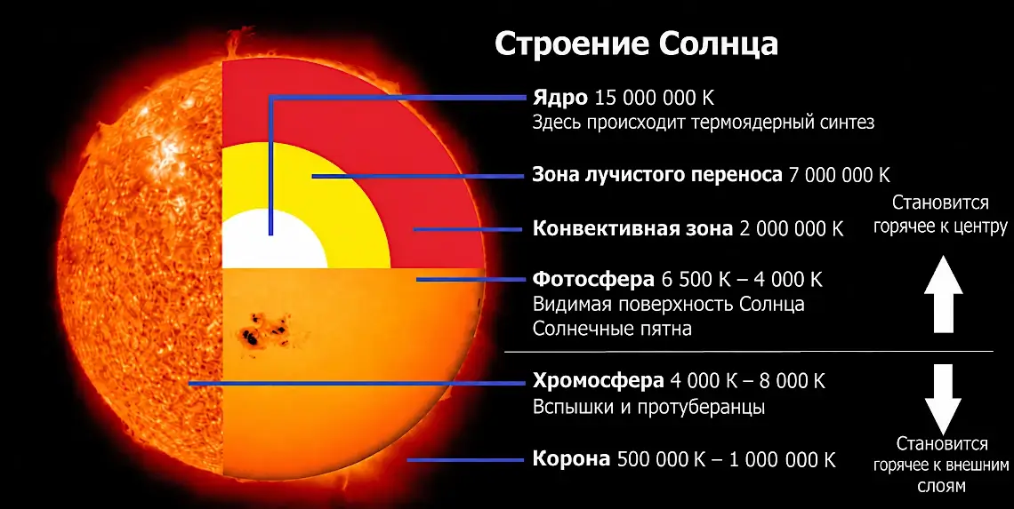 Строение Солнца: ядро, зона лучистого переноса и конвективная зона