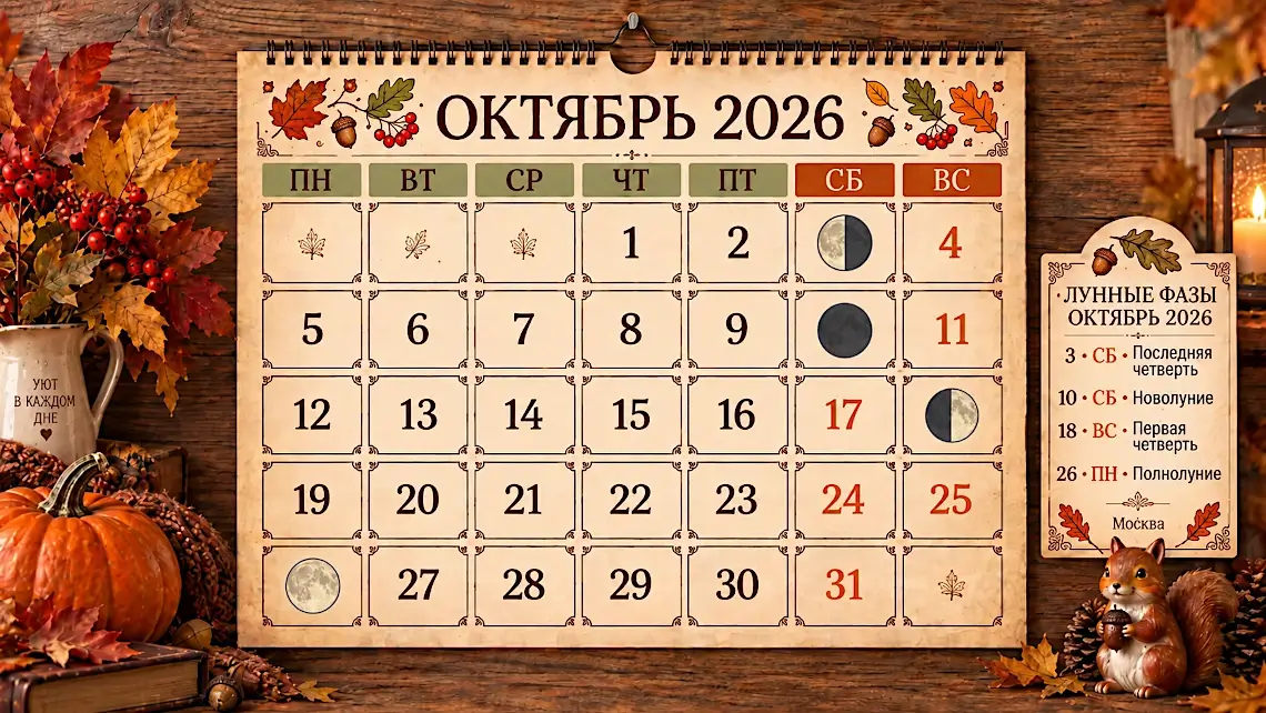 Календарь на октябрь 2026 года с фазами Луны
