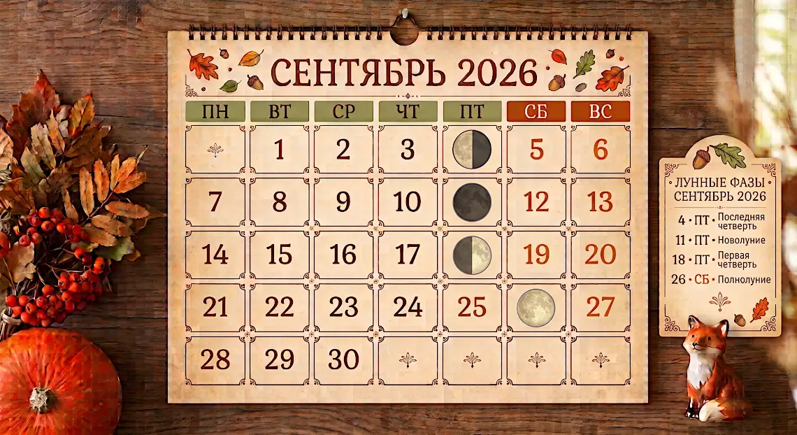 Календарь на сентябрь 2026 года с фазами Луны