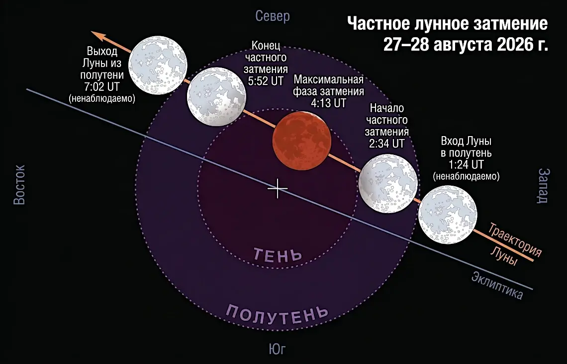 Основные моменты прохождения Луны через земную тень и полутень Карта видимости лунного затмения 28 августа 2026 года