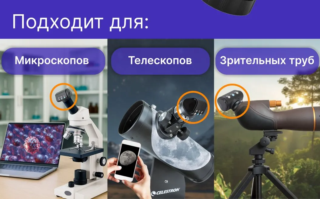 Подходит для телескопов, микроскопов и зрительных труб